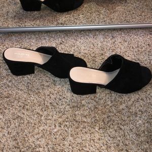 Black faux suede peep toe mules